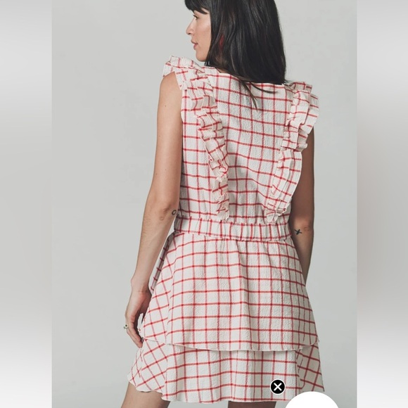 The Shirt by Rochelle Behrens - Red & White Checked Dress Ruffle Sleeve Small - Picture 3 of 11